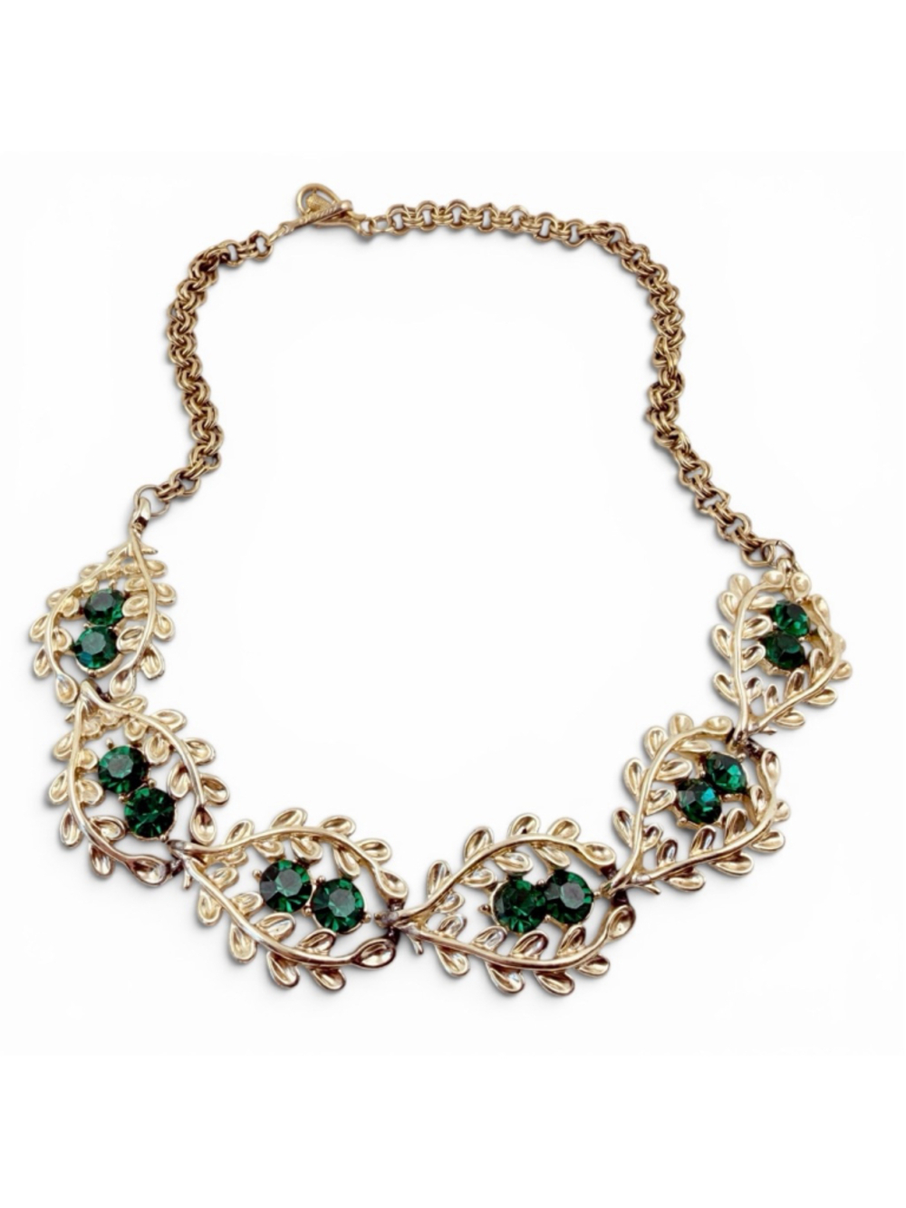 Vintage Coro Green Rhinestone Necklace 1950s Gold Tone Leaf Vine Bridal